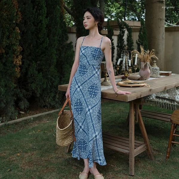 Sıradan Elbiseler Kadın Spagetti Kayışı Sıkı Elbise Çiçek Baskı Boho Vintage Şifon Zarif Dantel Up Mavi Vestidos Damla