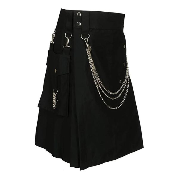 Outro verão moda utilitário kilt com correntes de prata saia preta masculina escocesa festival saias punk rock metal pingente saia plissada