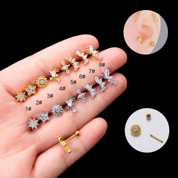 Top sarmal vida halter küpe çivileri cerrahi paslanmaz çelik kulak halka küpeler paslanmaz kübik zirkon yıldız kelebek kulak kemik saplama piercing gövde mücevher bijoux