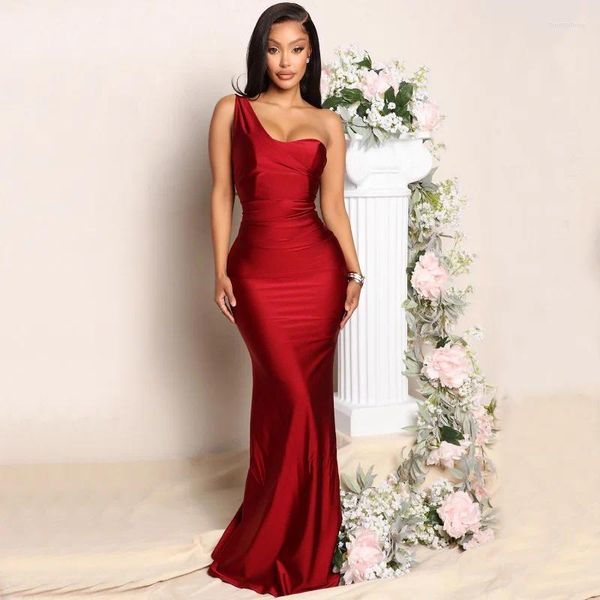 Vestidos casuais elegante sexy um ombro sem mangas vestido de noite festa manga longa mulheres sólido strapless backless bodycon maxi robe vestidos