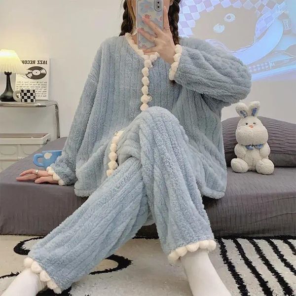 Kadın pijama fırfırları kadın pijama seti kış polar kadife 2 adet pantolon ev takım elbise uyku kabarık Kore pijamaları