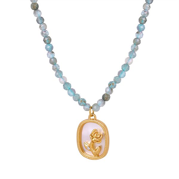 Damen exquisiter Titanstahl vergoldet 18 Karat Gold Rose weiß Perlmutt Anhänger Naturstein handgefertigte Perlen Halskette Schmuck Geschenk