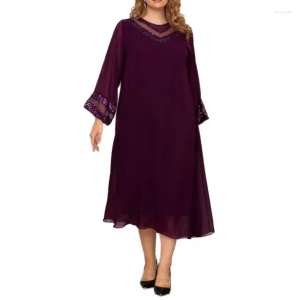 Vestidos casuais plus size mulheres verão outono o pescoço solto manga longa lantejoulas rendas retalhos chiffon vestido banquete roupas