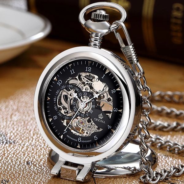 Gorben aço inoxidável masculino moda casual relógio de bolso esqueleto dial prata mão vento mecânico masculino fob corrente relógios 240103