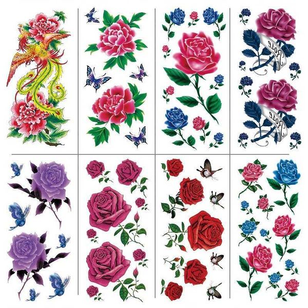Set di adesivi per tatuaggi impermeabili con stampa a trasferimento d'acqua, fiore Phoenix, rosa colorata, con adesivi simulati