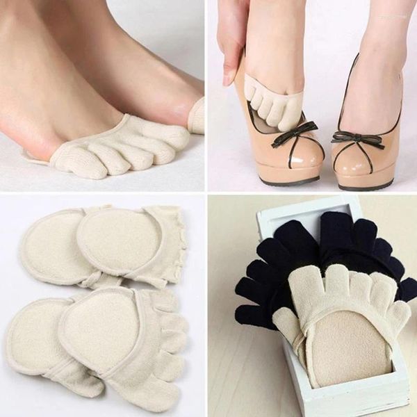 Mulheres meias de algodão esponja heelless forro invisível antepé almofada pé salto alto dedo do pé cheio cinco dedo metade