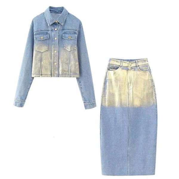 Frauen Metallic Jeans Jacken Mantel 2023 Herbst Abgeschnitten Denim Jacke für Langarm Bomber Taste Mäntel 240103