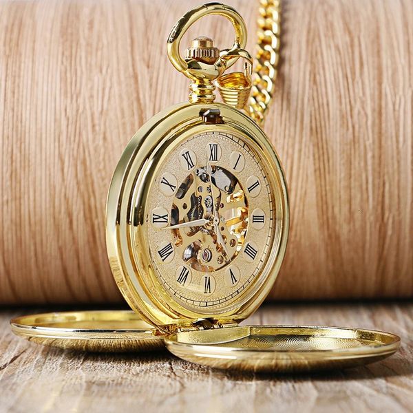 Navidad Weihnachtsgeschenk Glatte mechanische Taschenuhr Voller Luxus Goldfarbe Männer Frauen Stilvolle Retro FOB Handaufzug Double Hunter 240103