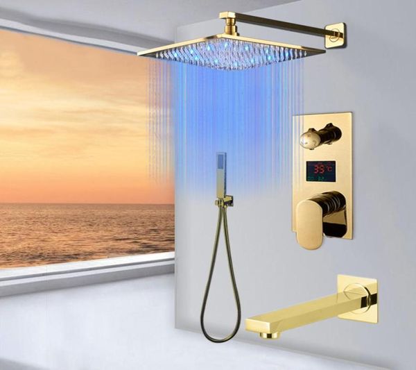 Rubinetto per doccia con display digitale lucido dorato Rubinetto per doccia a pioggia LED Rubinetto per bagno a 3 vie Valvola miscelatrice LCD a tripla via3014633