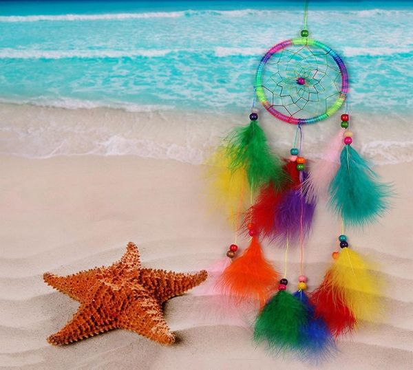 Rete acchiappasogni colorata fatta a mano con piume Campanelli eolici Appeso a parete Decorazioni appese Dreamcatcher Regalo artigianale9356010