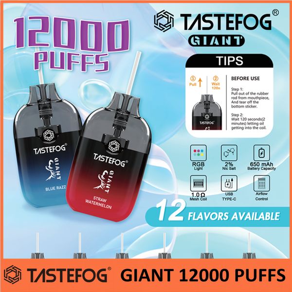 2024 Tastefog GIGANTE 12000 baforadas vape descartável 12k puff 2% bobina de malha LED descartável e-cigarro controle de fluxo de ar