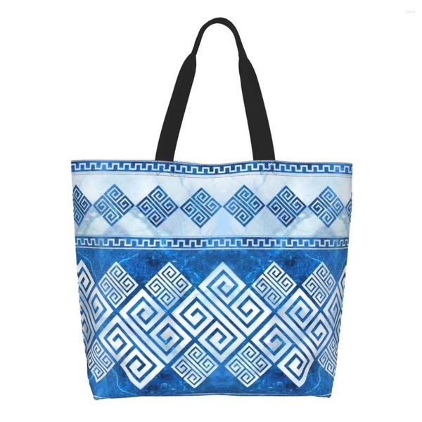 Sacos de compras Reciclagem Grego Meandro Bolsa Ombro Canvas Tote Portátil Chave Azul Gemstone e Pearl Grocery Shopper