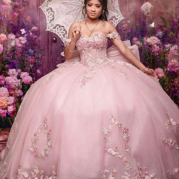 Блестящее розовое платье Quinceanera 2024, мексиканское кружевное платье с аппликацией и цветочным принтом, милое платье 15, Vestidos 15 Para Xv, вечеринка по случаю дня рождения, большие размеры