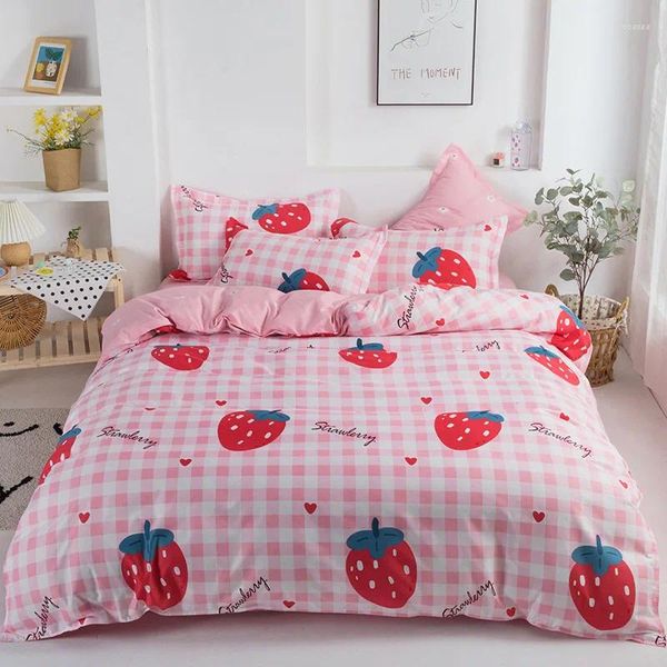 Conjuntos de cama Meninas Conjunto de Morango Bonito Capa de Edredão Vermelho para Crianças Adolescentes Desenhos Animados Tema de Fruta Feminino Consolador Completo