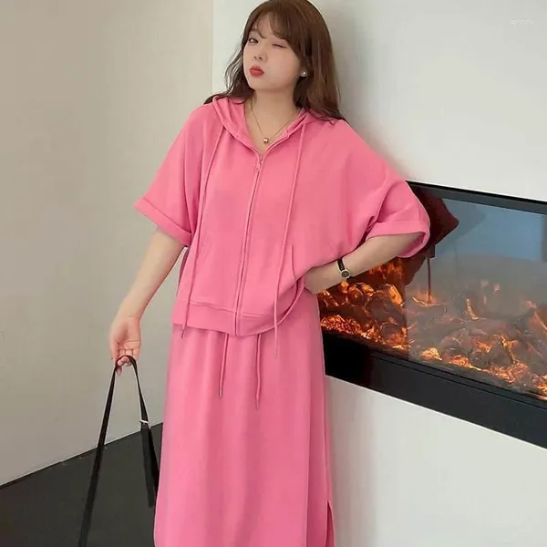 İş Elbise Elbise Setleri Yüksek Sokak Kore tarzı Yarım Kollu Kapüşonlu Ceket ve Dantelli Katı Etekler Sıradan Gevşek Gevşek İki Parçalı Set Kadın Kıyafetleri