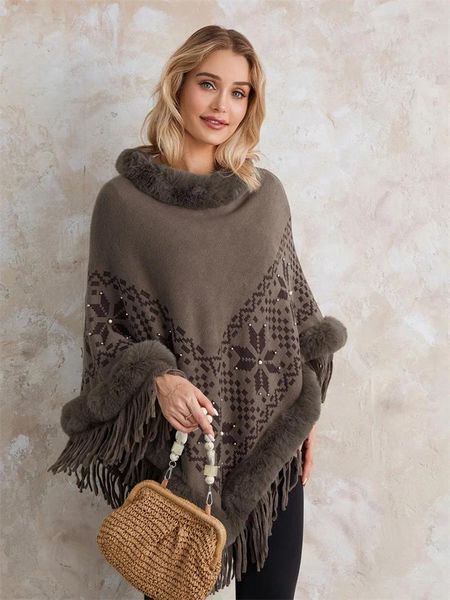 Damenpullover Schal Poncho Pullover Plüschbesatz Kragen Quaste Mäntel Bohemian Print Vintage Strickoberteile Cape Strickwaren Frühling Winter