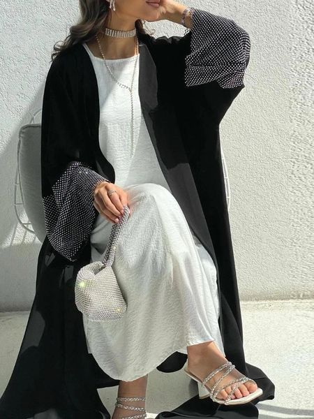 Abbigliamento etnico Abaya nero per le donne Perline Tessuto Nida Abaya aperto Dubai Cardigan islamico Musulmano Turchia Abito lungo Ramadan Eid Outwear