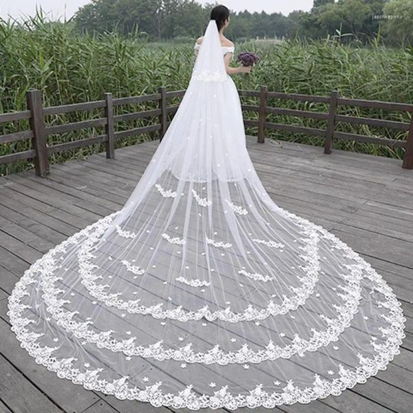 Véus nupciais 2024 vendendo noiva vestido de casamento headdress marfim branco 3m de largura 4m 5m longa trilha laço organizado tiro véu