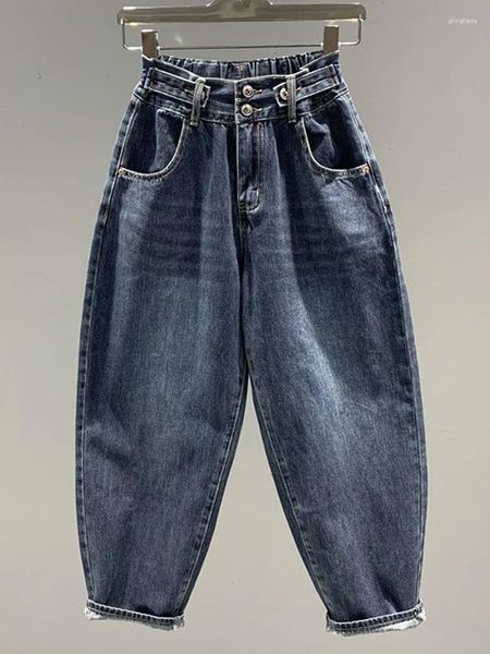 Jeans da donna moda tinta unita cintura elastica lavati e indossati pantaloni larghi in denim dritto donna autunno streetwear larghi larghi