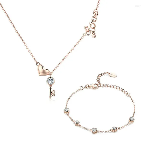 Collana Orecchini Set Modello Chiave E Cuore Bracciale In Argento Lunghezza Gioielli Maglia Regolabile Catena Placcata Oro Rosa Con Zircone