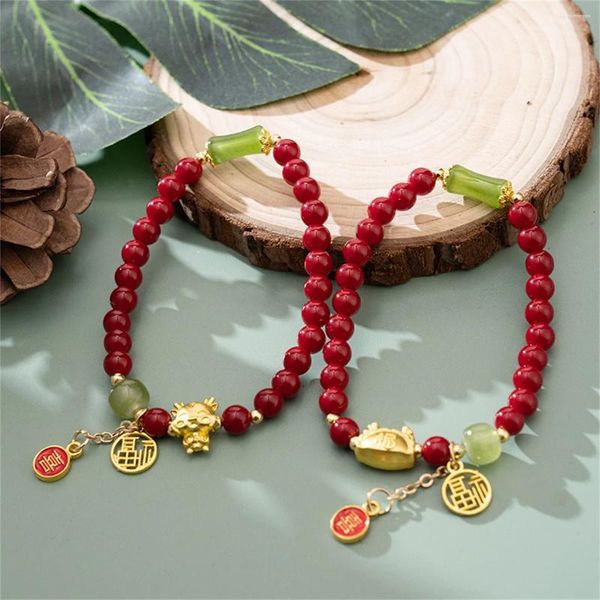 Charme pulseiras sorte zodíaco ouro cor dragão para mulheres criativo vermelho frisado oco fortuna palavras pulseira riqueza boa sorte jóias