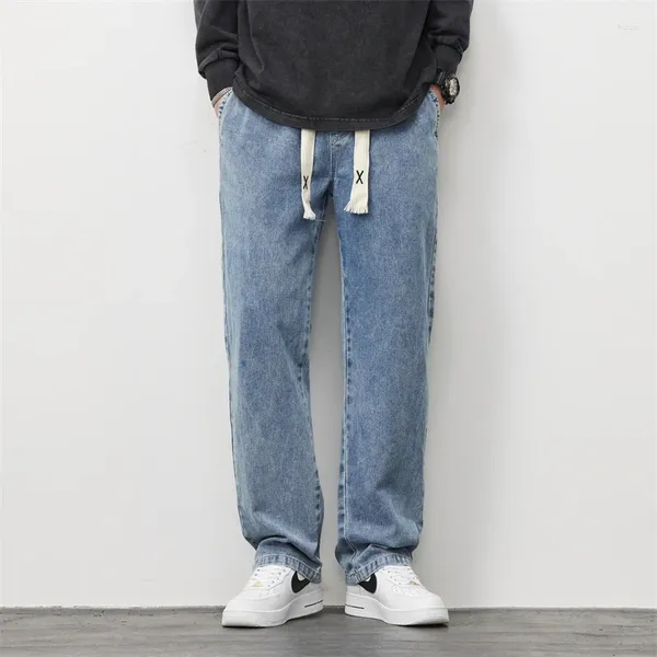 Calças de brim masculinas perna larga cintura elástica solta calças jeans designer de luxo alta rua hip hop esporte ao ar livre calças largas mais