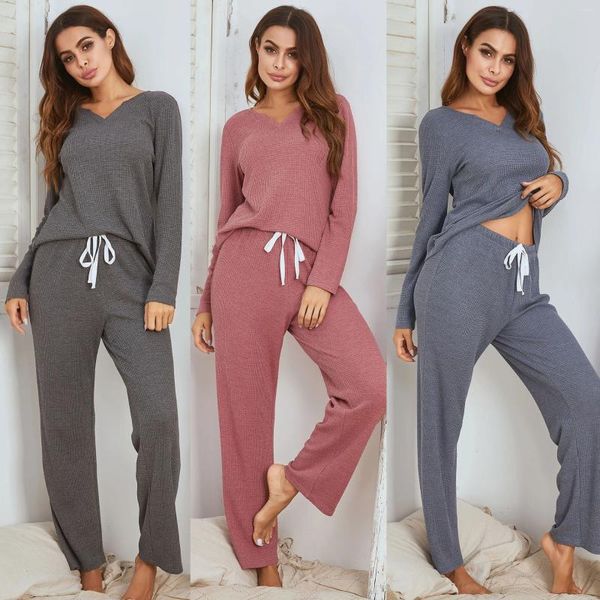 Damen-Nachtwäsche LEMOZIC Herbst- und Winter-Europäisch-Amerikanischer Außenhandel Homewear-Set Waffel Langarm-Pyjama Damen