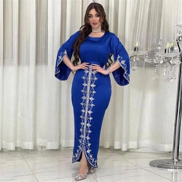 Vestidos de roupas étnicas para baile Kaftan Dubai Luxo Diamantes Ocasião Formal Abaya Elegante Manga Dividida Senhoras Vestido Longo Envoltório com Cinto