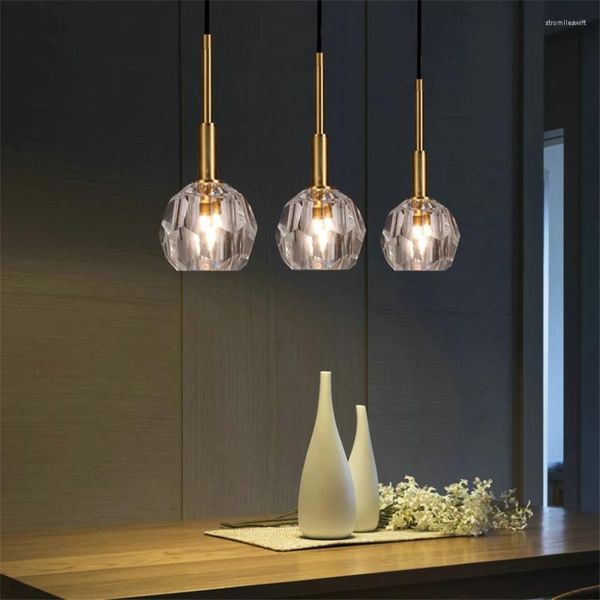 Lâmpadas pendentes pós-moderno luxo all-cobre cristal luzes nórdico minimalista sala de estar quarto ouro pendurado linha de peixe luminárias