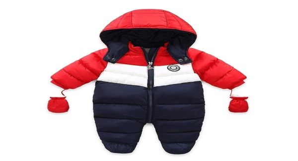 Bebê menino inverno para baixo snowsuit recém-nascido grosso outerwear macacão forro de lã bebê neve wear com capuz macacão crianças roupas 205039370