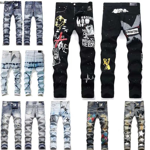 Erkekler Kot Tasarımcı Erkekler Mor Kot Pantolon Lüks High Street Jeans İşlemeli Pantolon Kadınların Büyük Boyu Yırtıcı Yama Deliği Denim Moda Slim 1CZ1