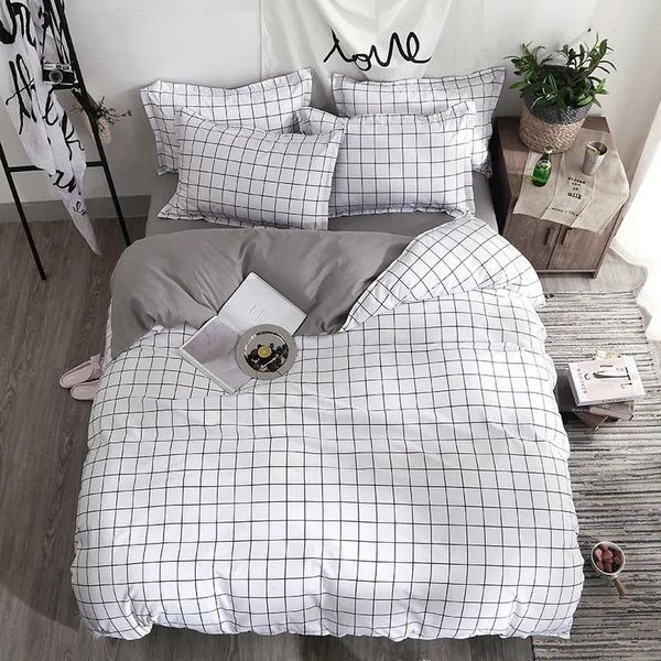 set Set biancheria da letto Copripiumino moda lenzuolo Federa Strisce quadrate Tessili per la casa nero Bianco Grigio biancheria da letto combinata