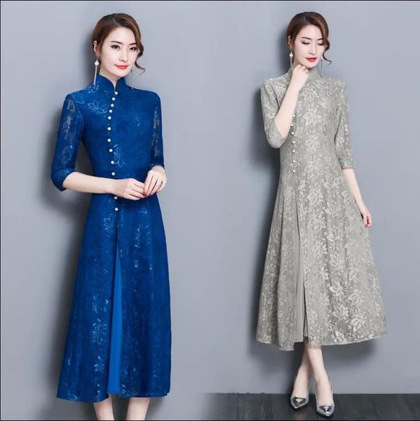 Roupas Lindas!! 2018 frete grátis primavera novo vestido cheongsam elegante retro renda vestido de noite chinês oriental vietnã ao dai