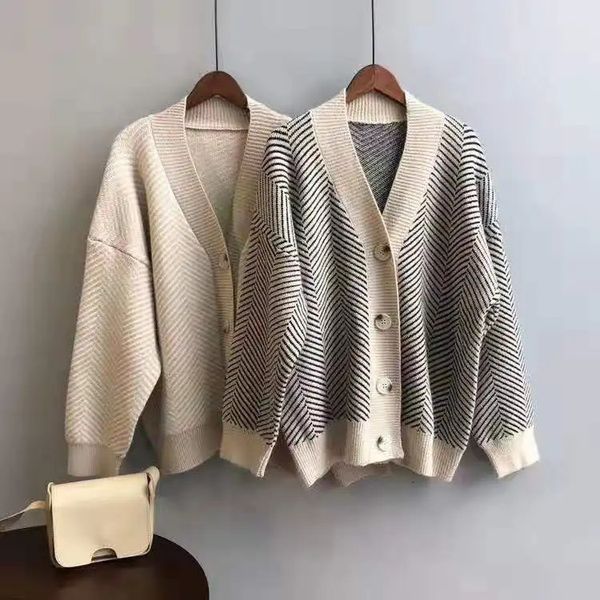 Cardigan elegante motivo a righe cardigan autunno inverno maglione vintage moda donna cappotto oversize lavorato a maglia 240104