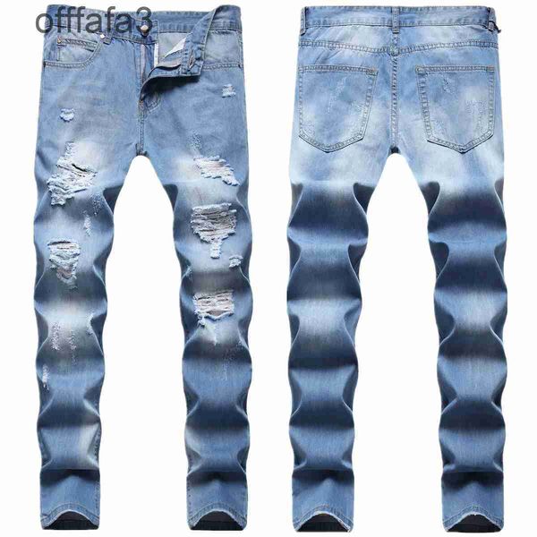 Jeans roxo calça masculina moda hip hop vento buraco quebrado estilo mendigo muitos macacos artesanato luz azul pequeno homem reto