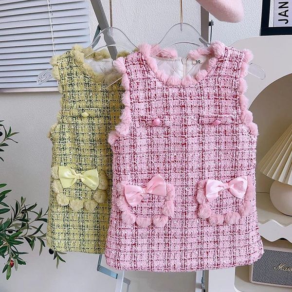 Vestidos da menina bonito do bebê meninas tweed bolso colete vestido para crianças da criança sem mangas pom bolas rosa outono inverno cintura casaco roupas