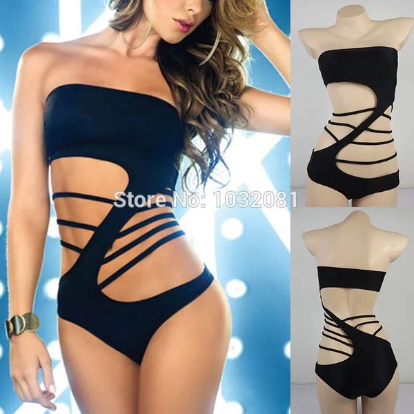 Traje de baño 2015 Hot Sexy negro bandeau traje de baño de una pieza con tiras recortadas traje de baño mujeres bañista traje de baño biquini maillot de bain V81