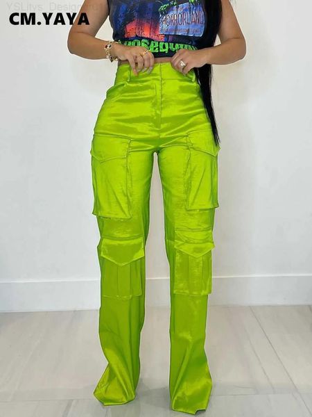 Capris CM.yaya feminino moda Multi bolso de bolso Front Safari calças retas de safari 2023 Nova zíper de verão Fly Rose Red Cargo Troushers L23