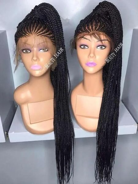 Wigs Celebrity Wigs African American Box Braids Capelli Sintetica LACCIO LACCCA IN FONDO 200% Densità Black Colore Nero Capelli sintetici Wigs per BLA