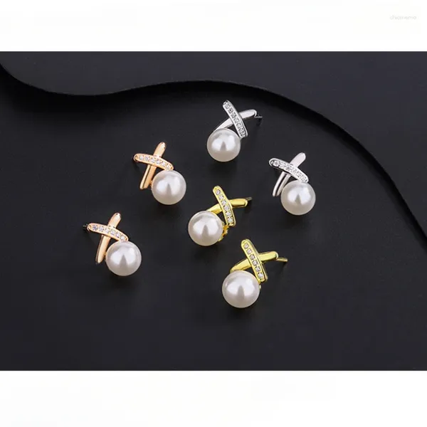 Orecchini a bottone S999 in argento sterling con zirconi incrociati perla dolce moda gioielli squisiti per ragazze regalo di anniversario di matrimonio