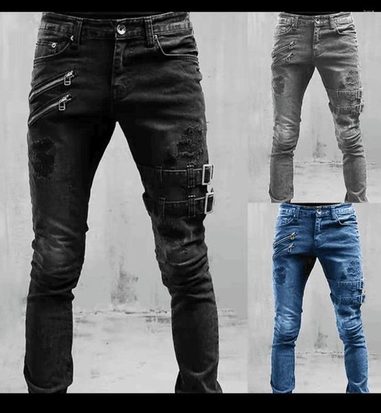 Jeans masculinos homens streetwear zíper elástico baggy magro moda denim calças de luxo calças de carga magro