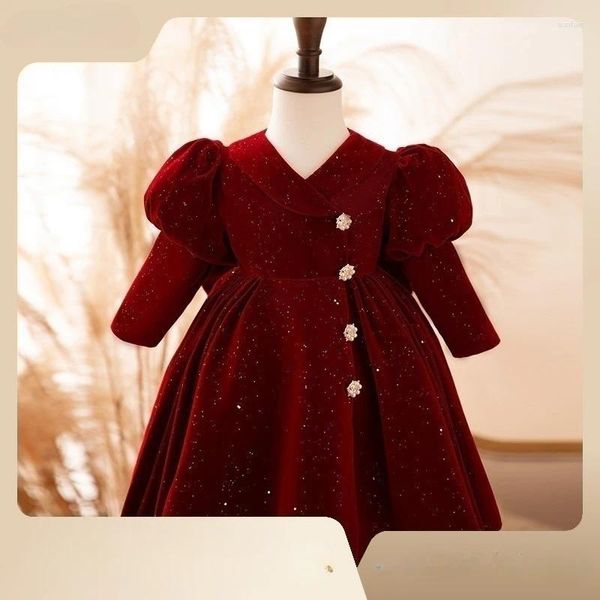 Vestidos de menina crianças vestido 2024 outono e inverno princesa vinho vermelho manga comprida veludo tesouro roupas de meninas