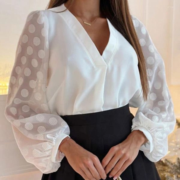 Blusas femininas primavera outono simples sólido polka dot camisa solta moda malha manga comprida retalhos escritório topos elegantes senhoras com decote em v