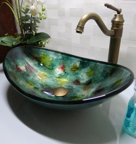 Badezimmer-Waschbecken aus gehärtetem Glas, handgefertigt, Aufsatzwaschbecken in Bootsform, Waschbecken, Garderobe, Shampoo-Waschbecken HX0172053669