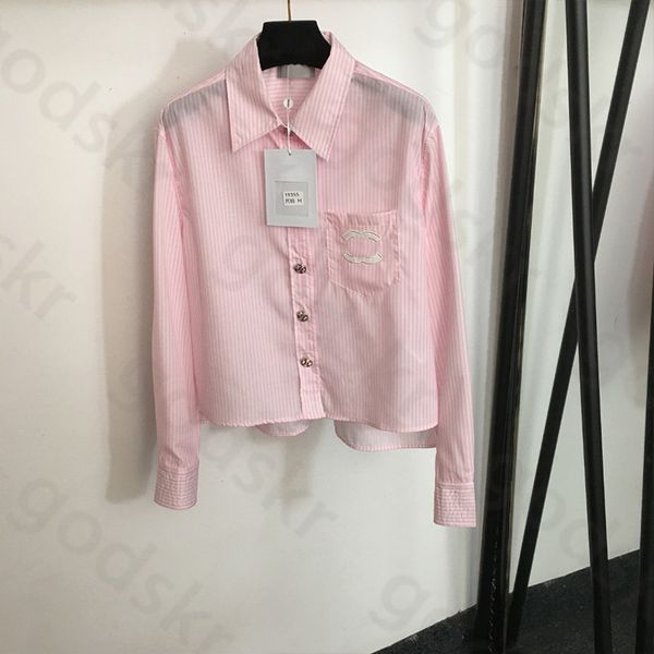 Camicia con risvolto a righe ricamate Camicetta classica con bottoni alla moda da donna Camicetta sottile traspirante a maniche lunghe