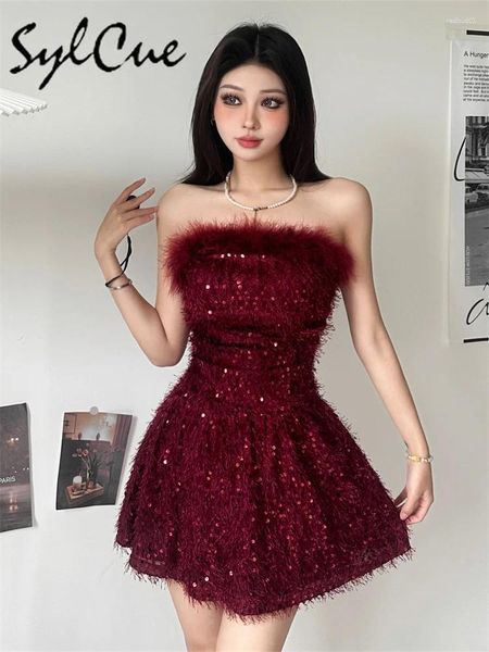 Lässige Kleider Sylcue Autumn Sisters Party Blingbling Shining Formal Confident Sexy Mature Beautiful Elegant Women's Short Wool Dress