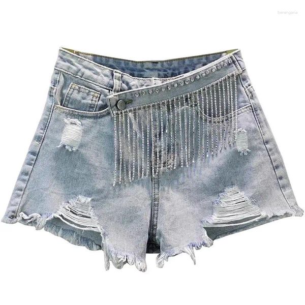 Frauen Jeans Vintage Denim Shorts Frauen 2024 Sommer Mode Lose Dünne Strass Kurze Loch Quaste Breite Bein Hosen Weibliche B197