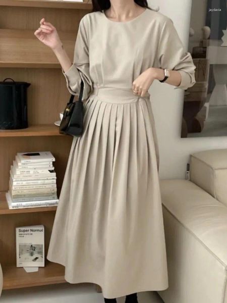 Vestidos casuais elegante midi vestido para mulheres manga longa rendas até plissado magro a linha coreano chique senhora moda vestidos primavera outono