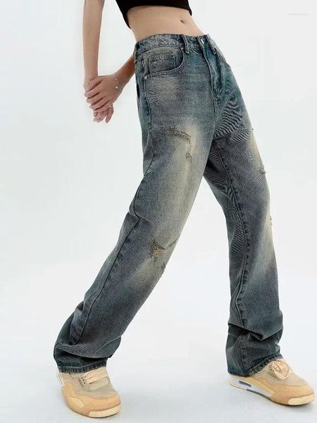 Jeans femininos gajie retro tubo reto solto e limpo velho y2k outono marca de moda multi-funcional calças de lazer