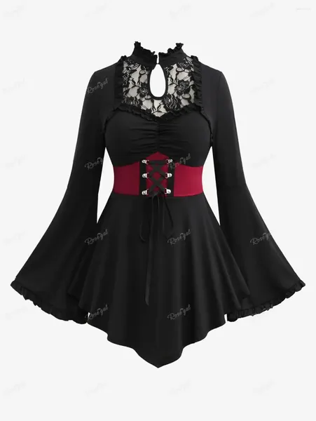 Mulheres Camisetas Rosegal Plus Size Gótico T-shirt Floral Lace Painel Ruched Up Keyhole Flare Mangas Assimétricas Corset Tops Preto Tees